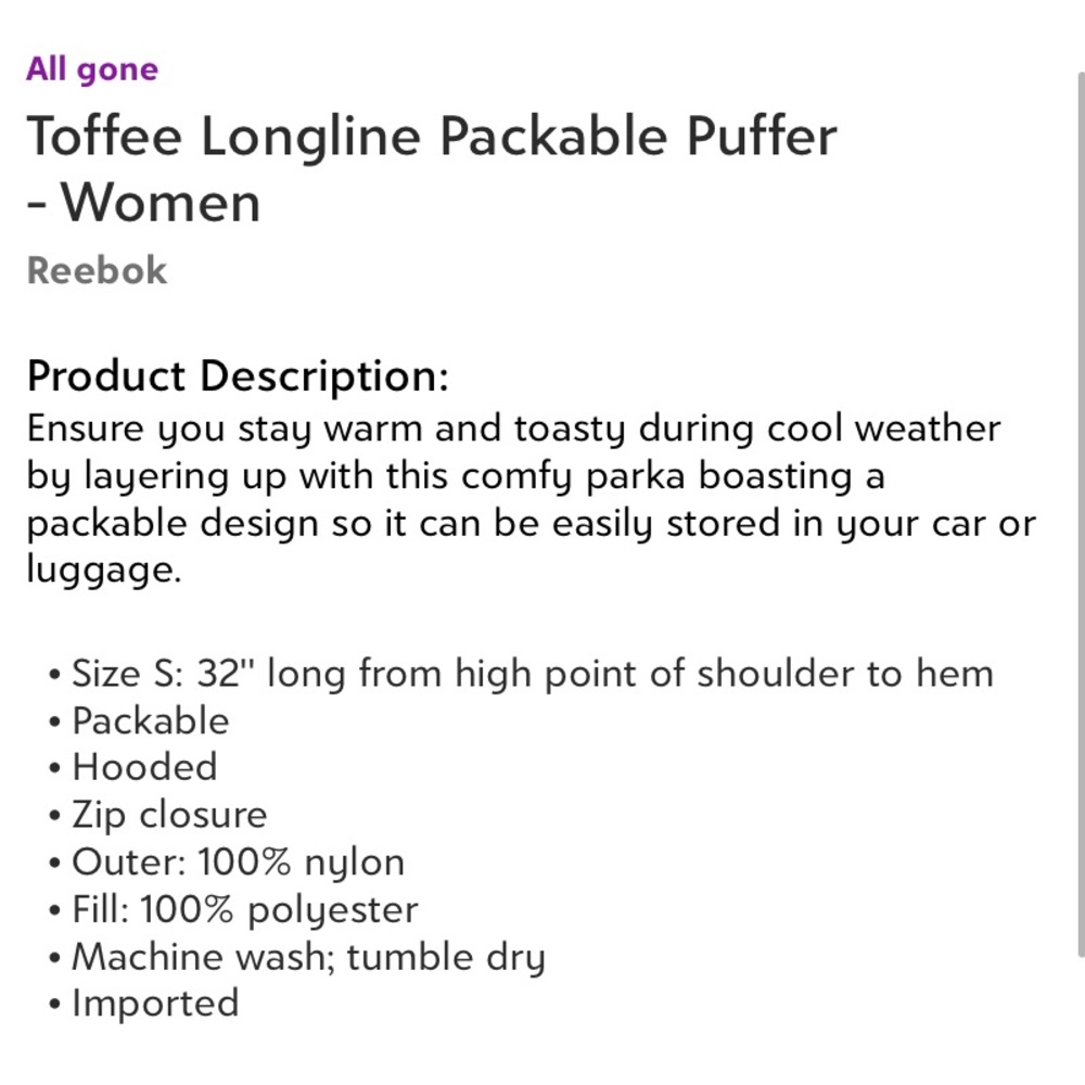 GUC Reebok Toffee Longline Packable Puffer Womens Size XL - Picture 4 of 4